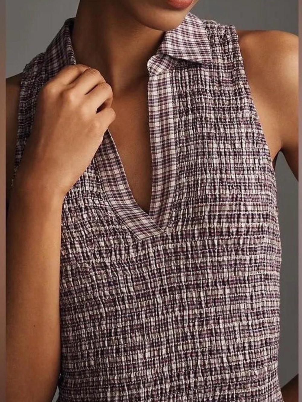 PILCRO smocked gingham Sleeveless Collared Summer Dress ruffled trim - Picture 4 of 11